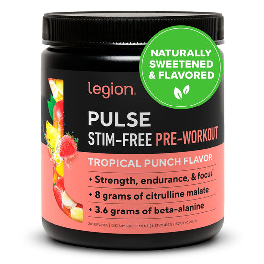 LEGION Pulse bottle front view showing caffeine-free formula for clean energy