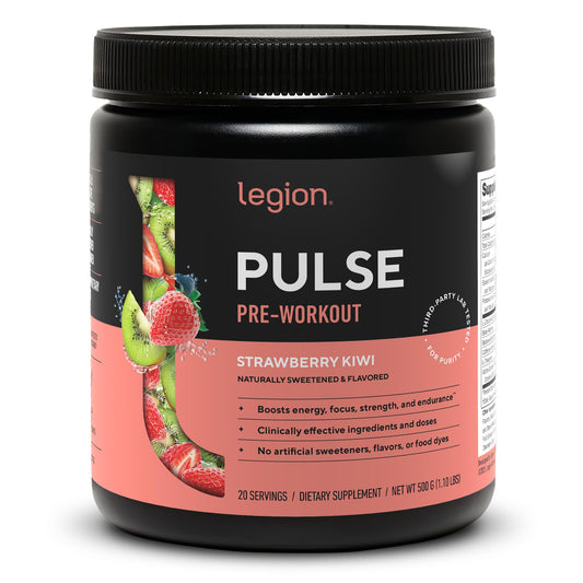 LEGION Pulse vista frontal del envase mostrando sabor fresa kiwi y diseño atractivo