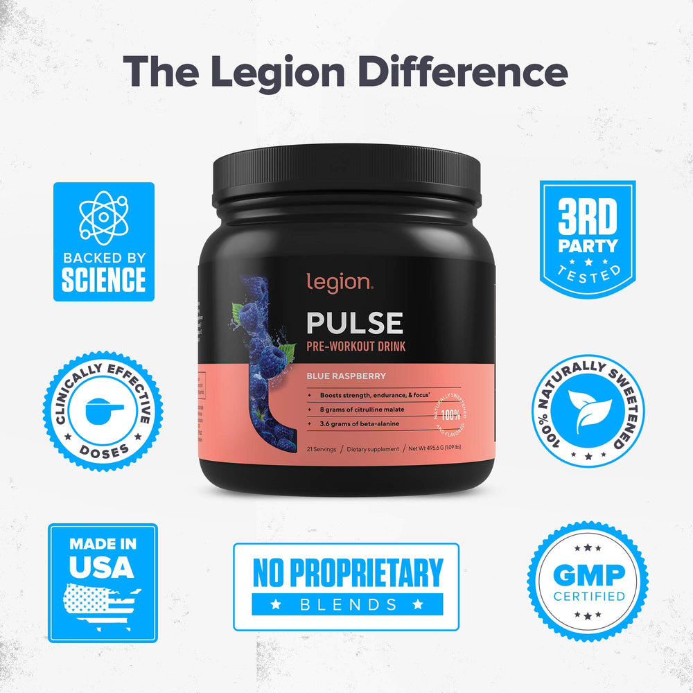 LEGION Pulse ingredients list highlights no artificial sweeteners or dyes