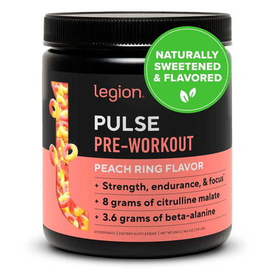 LEGION Pulse Peach tub closeup highlights natural flavor and label clarity for workouts.