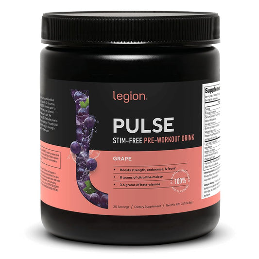 LEGION Pulse pre workout powder tub front view showing branding and color