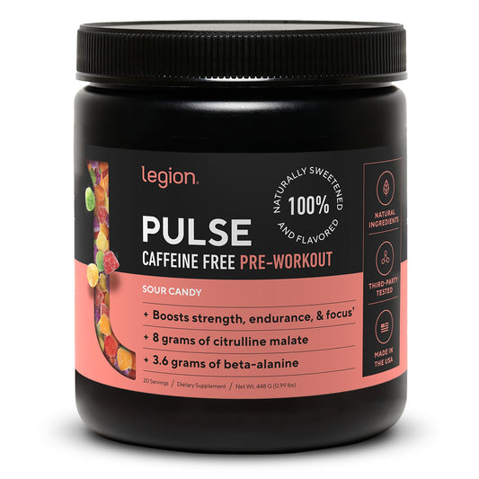 LEGION Pulse tub front view showing natural sweetness and clean energy support.