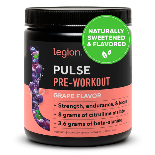 Pulse Pre Workout de LEGION: bote con fórmula natural para energía sostenida.