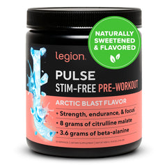 LEGION Pulse pre-workout bottle highlights caffeine-free formula for steady energy during sessions.