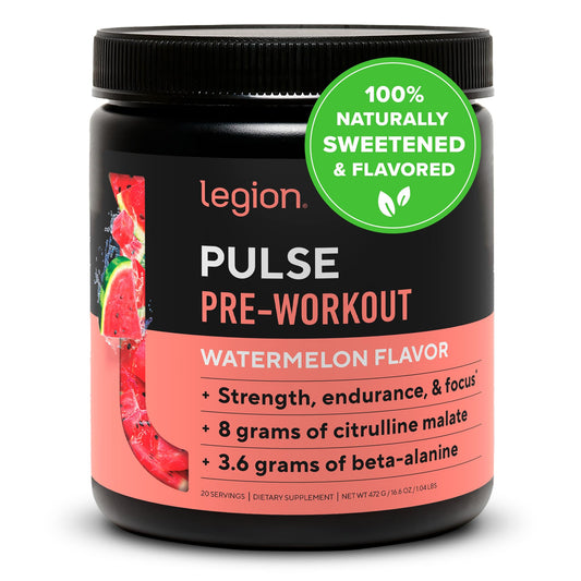 LEGION Pulse Pre Workout Watermelon tub promoting clean energy with natural sweetness.