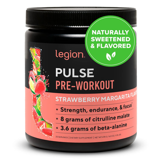 LEGION Pulse Pre Workout con empaque frontal y diseño limpio para energía rápida