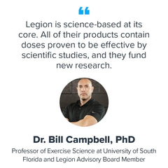 LEGION Recharge label highlights transparent ingredients and no hidden additives.