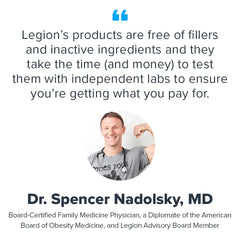 LEGION Recharge bottle and lab certificate underscore purity and potency testing.