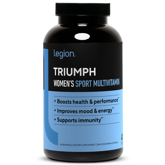 LEGION Triumph daily sport multivitamin bottle supports energy during workouts.