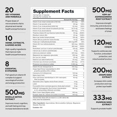LEGION etiqueta lateral con lista de vitaminas y minerales y transparencia en dosis