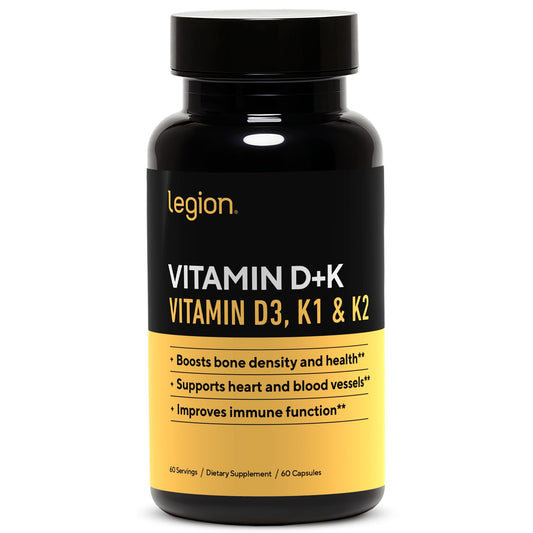 LEGION Vitamin D3 K2 bottle with transparent label for bone and immune support