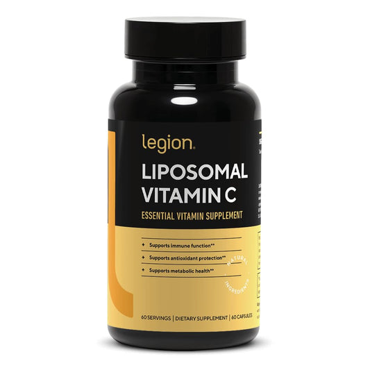 LEGION Vitamina C liposomal cápsulas, empaque claro que resalta la dosis de 500 mg.