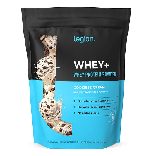LEGION Whey+ bottle close-up signals transparent ingredients for daily protein.