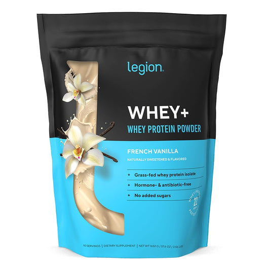 LEGION Whey+ bottle front closeup showing grass-fed whey protein for clean fuel