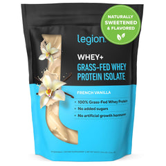 LEGION Whey+ canister label detail highlighting protein quality