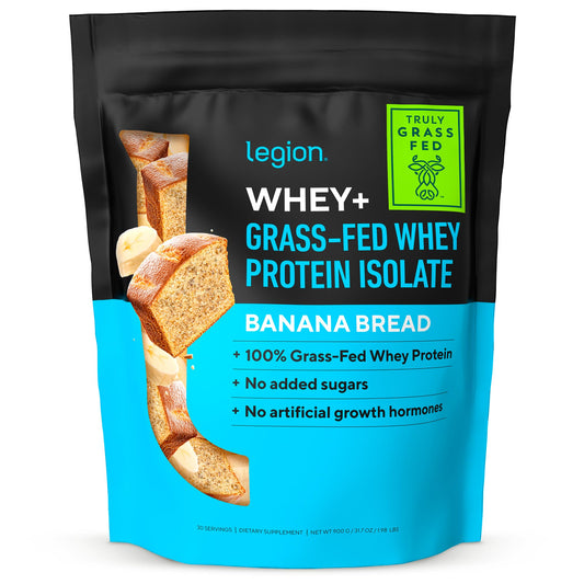 LEGION Whey+ canister label shows pure whey isolate and clean ingredients