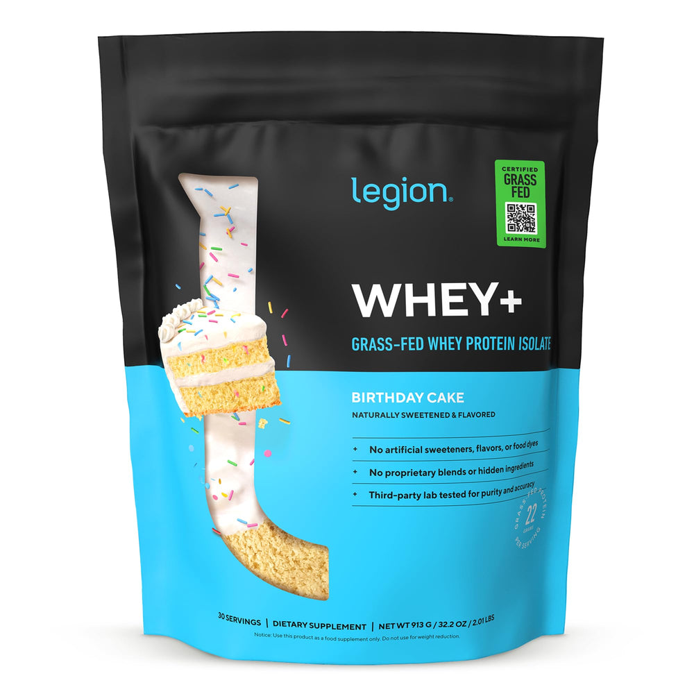 LEGION envase frontal con diseño y sabor Birthday Cake mostrando beneficios