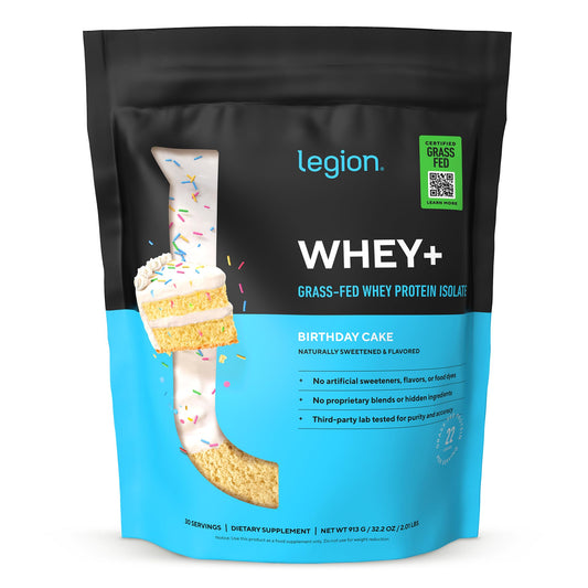 LEGION envase frontal con diseño y sabor Birthday Cake mostrando beneficios