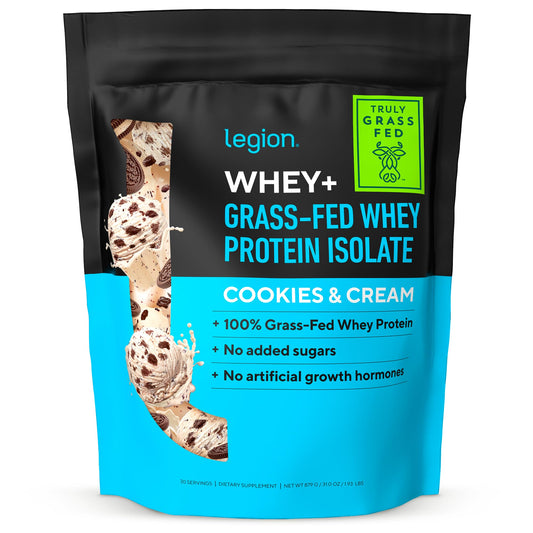 LEGION Whey+ isolate tub front showing grass-fed protein quality and packaging.