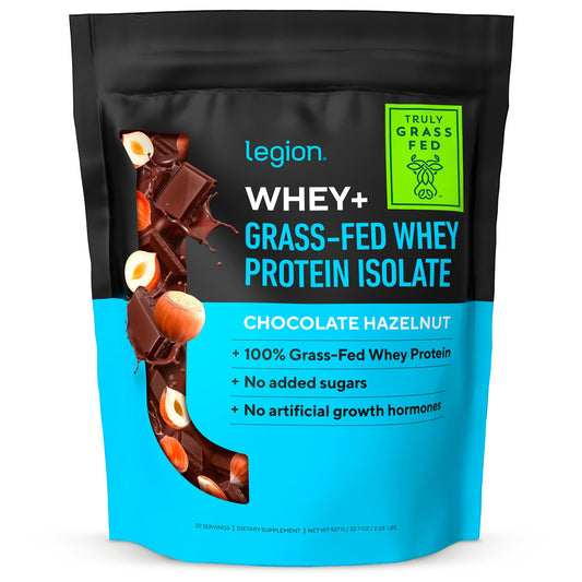 LEGION Whey+ protein powder tub highlights grass-fed formula for smooth digestion