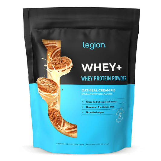 LEGION Whey+ tub front highlighting grass-fed protein source for daily fitness