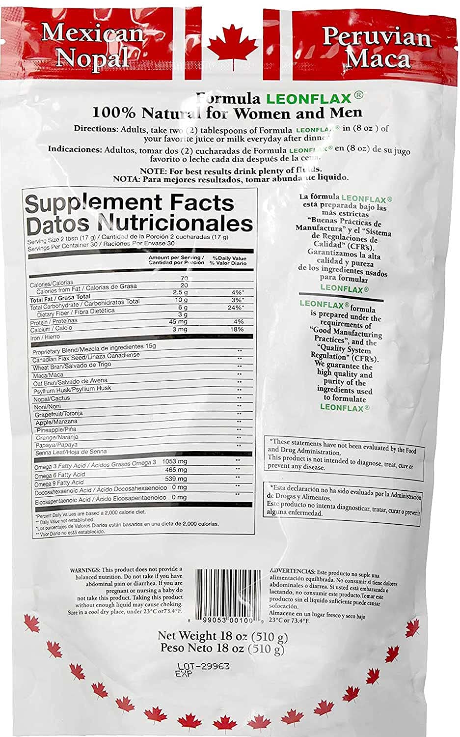 Leonflax etiqueta nutricional en close-up con información clara
