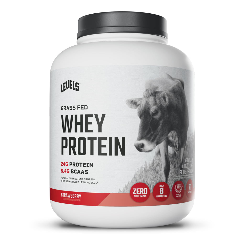 Levels Whey envase frontal 5LB mostrando diseño y sabor fresa, claridad de ingredientes