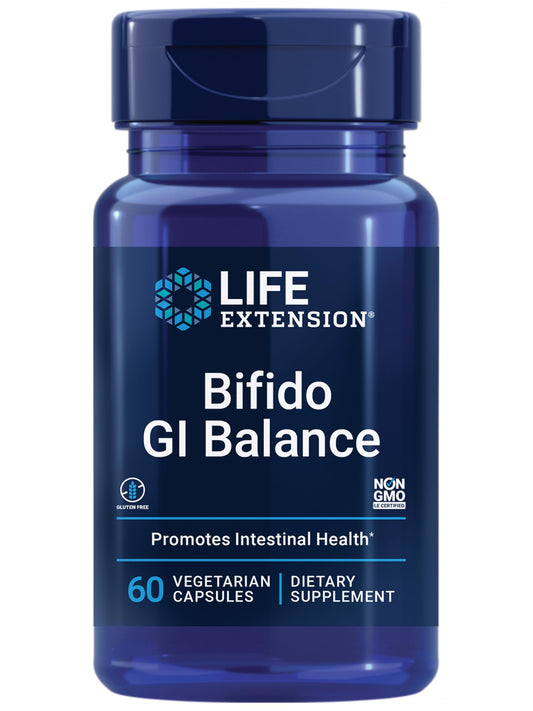 Life Extension Bifido GI Balance, botella frente, apoyo digestivo diario y equilibrio intestinal.