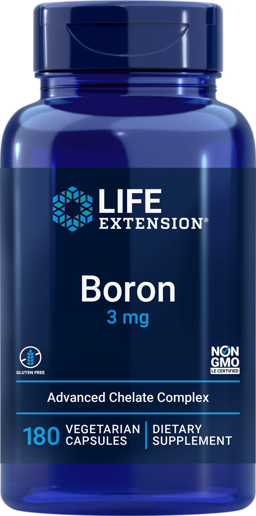 Life Extension frasco frontal mostrando etiqueta y aporte de 3 mg boro