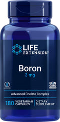 Life Extension frasco frontal mostrando etiqueta y aporte de 3 mg boro
