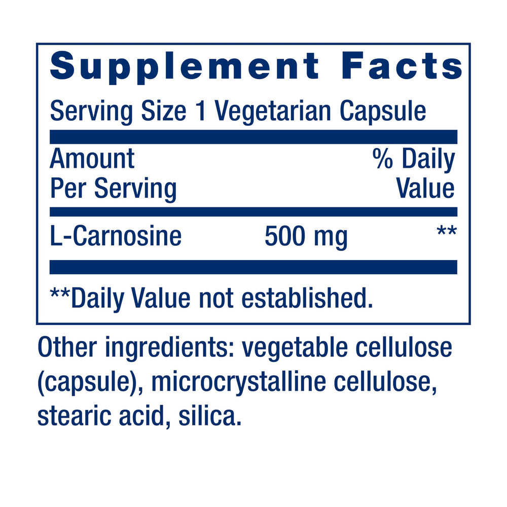 Life Extension etiqueta nutricional mostrando 500 mg de L-carnosina por dosis