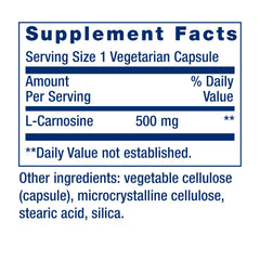 Life Extension etiqueta nutricional mostrando 500 mg de L-carnosina por dosis