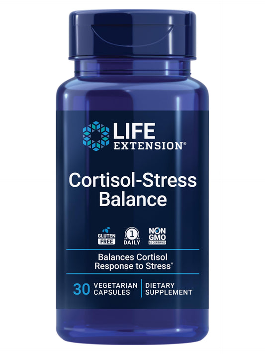 Life Extension frasco de Cortisol-Stress Balance frente mostrando etiqueta y beneficio de apoyo al estrés