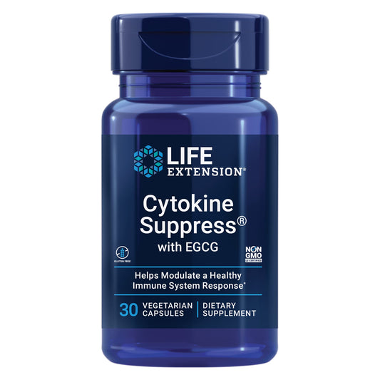 Life Extension Cytokine Suppress with EGCG bottle front view, premium immune-support formula.