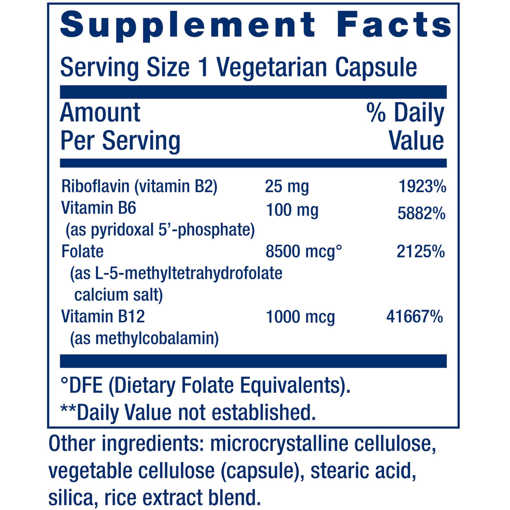Life Extension etiqueta con lista de ingredientes y formas bioactivas de vitaminas B