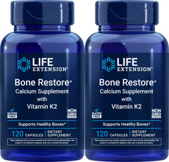 Life Extension frasco delantero de Bone Restore mostrando etiqueta y beneficios