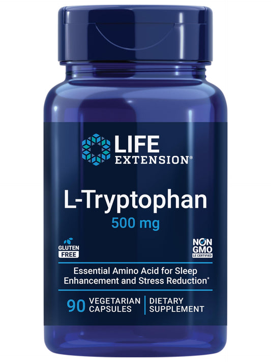 Life Extension frasco delantero mostrando L‑Tryptophan y beneficio sueño