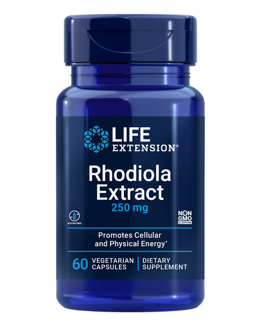 Life Extension frasco frontal de Rhodiola Extract mostrando etiqueta y beneficio de energía