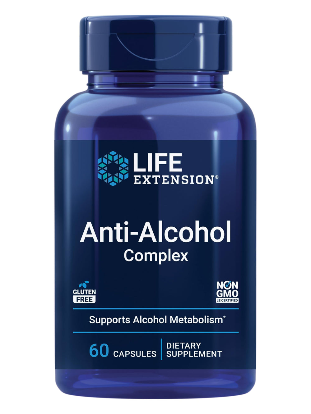 Life Extension envase frontal Anti-Alcohol Complex mostrando beneficios