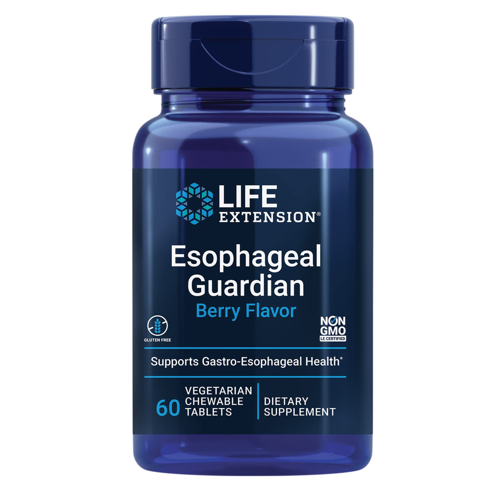 Life Extension empaque frontal del producto que muestra tabletas masticables y beneficios