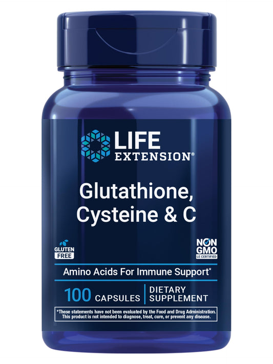 Life Extension Glutatión Cisteína Vitamina C, botella para apoyo antioxidante diario.