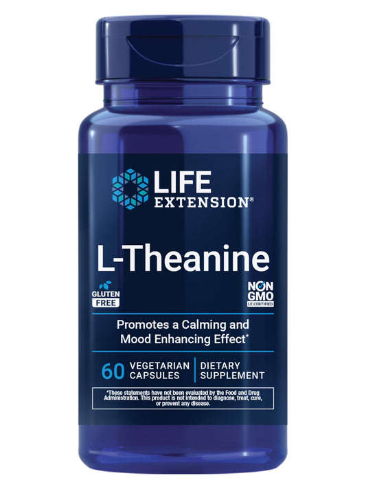 Life Extension L-Theanine capsules sit in a bottle, promoting calm for daily routines.