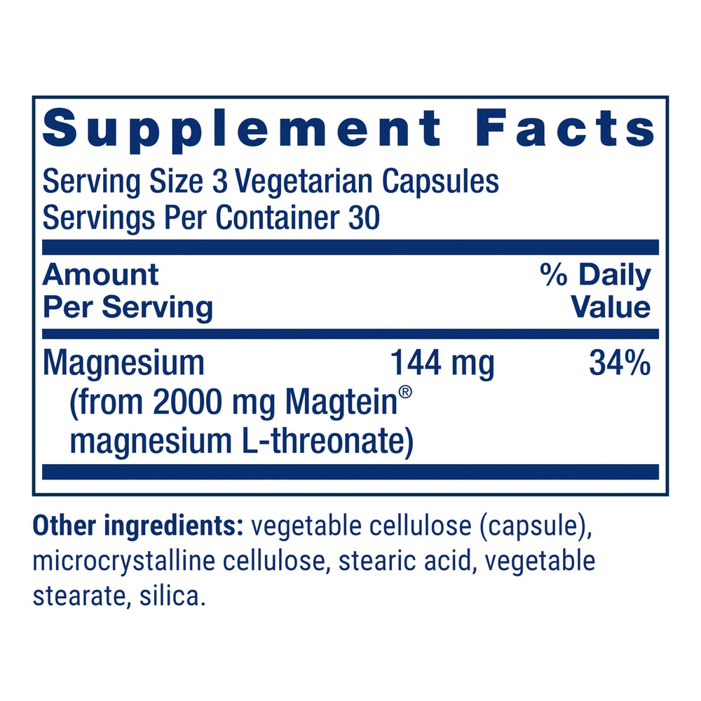Life Extension Neuro-Mag etiqueta de ingredientes mostrando magnesio L-treonato y pureza