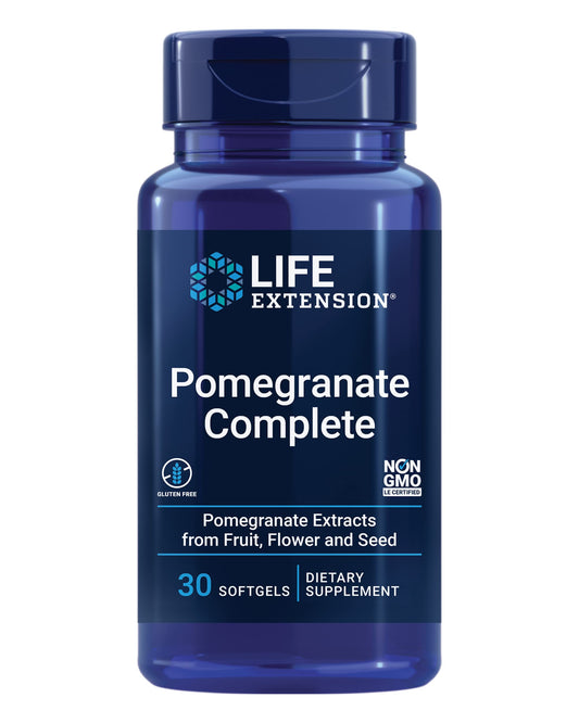Life Extension bote frontal de Pomegranate Complete mostrando diseño y cantidad