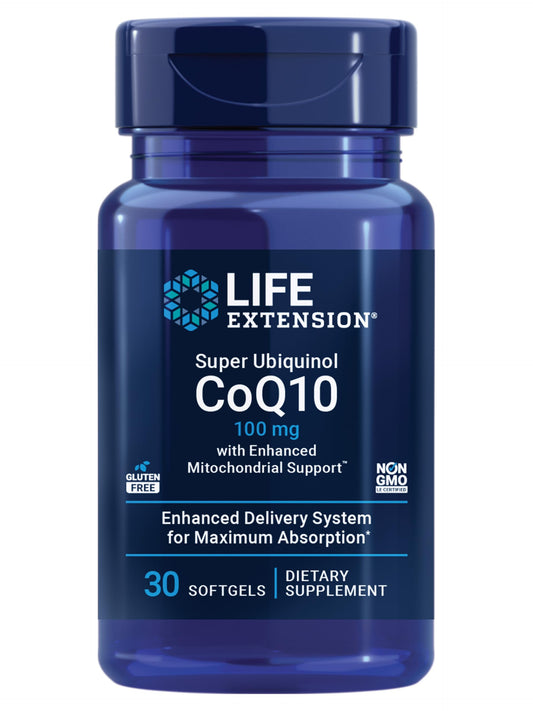Life Extension Super Ubiquinol CoQ10, vista frontal de la botella, apoyo a la energía diaria