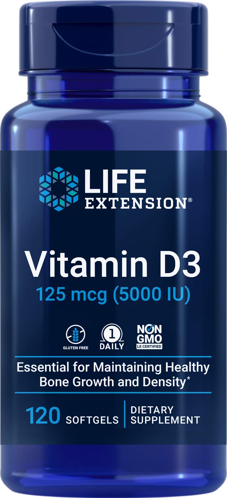 Life Extension frasco frontal mostrando 120 softgels y aporte 5000 IU beneficio conveniencia