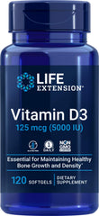 Life Extension frasco frontal mostrando 120 softgels y aporte 5000 IU beneficio conveniencia