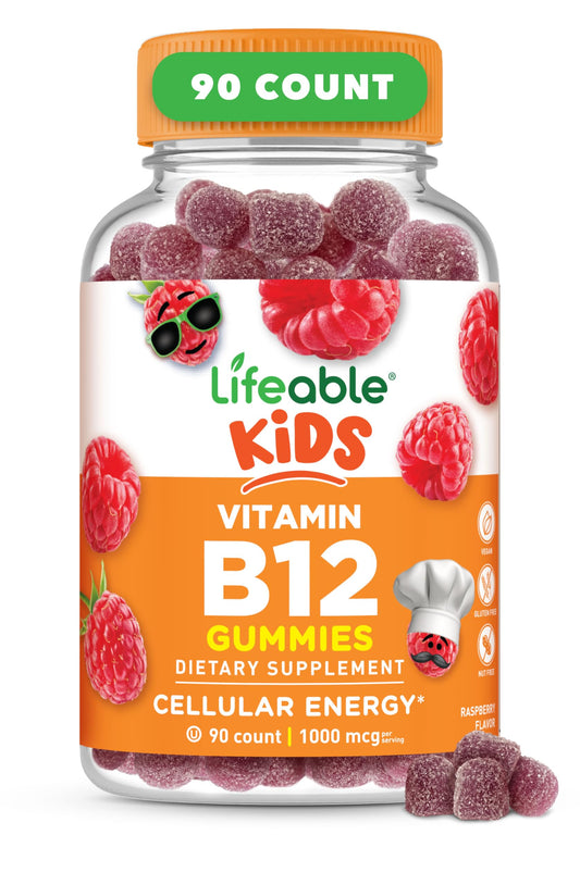 Lifeable B12 para niños con gomitas de frambuesa, sabor agradable para energía potencial.