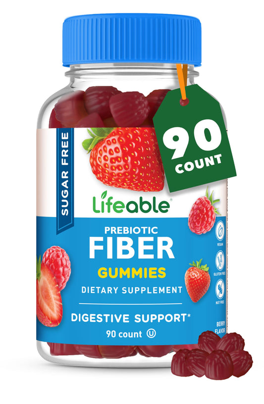Lifeable frasco frontal mostrando 90 gomitas y beneficios visibles