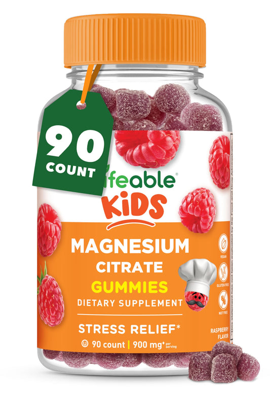 Lifeable gominolas de magnesio para niños, sabor frambuesa, apoyo para energía diaria.